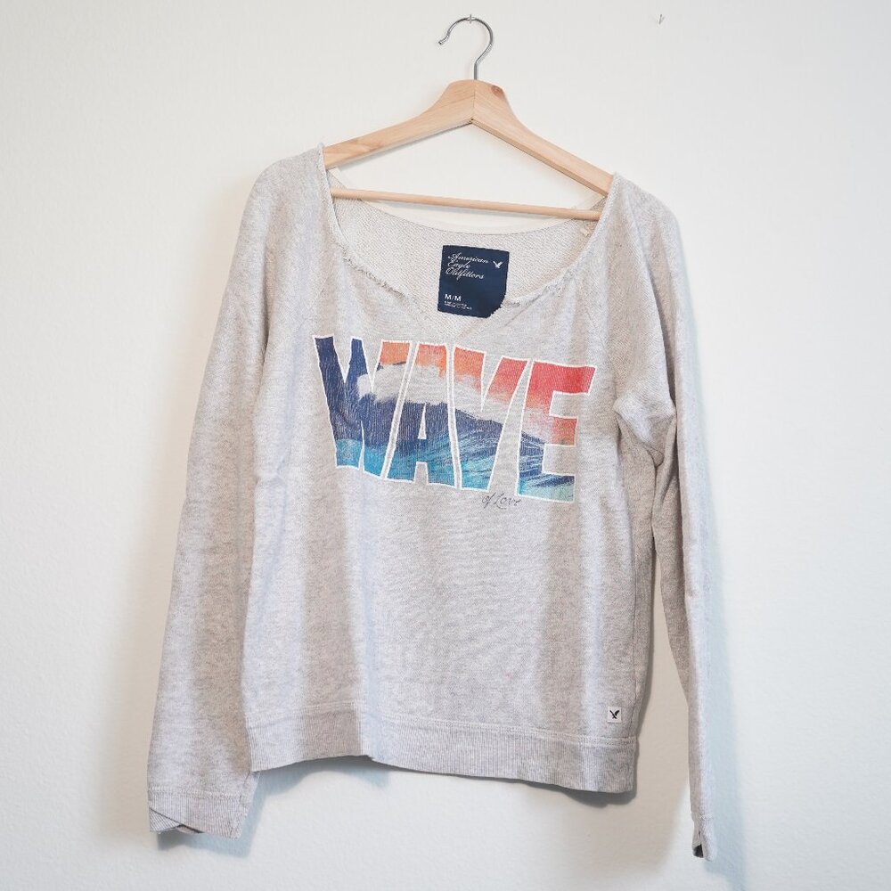 American Eagle Outfitters AE Terry Graphic Pullover Sweater, Notch Neckline Med